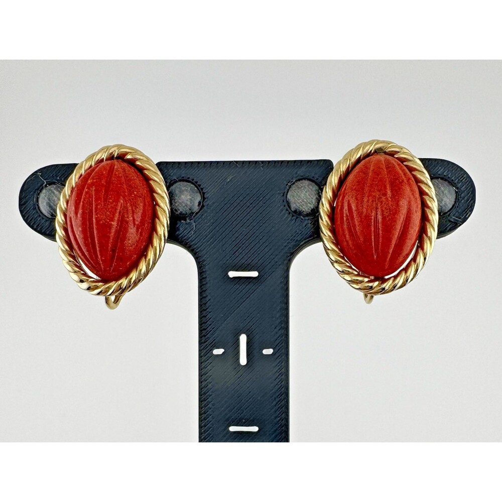 Marvella Orange Faux Coral Cabochon Clip Earrings Gold Tone Carved Vintage